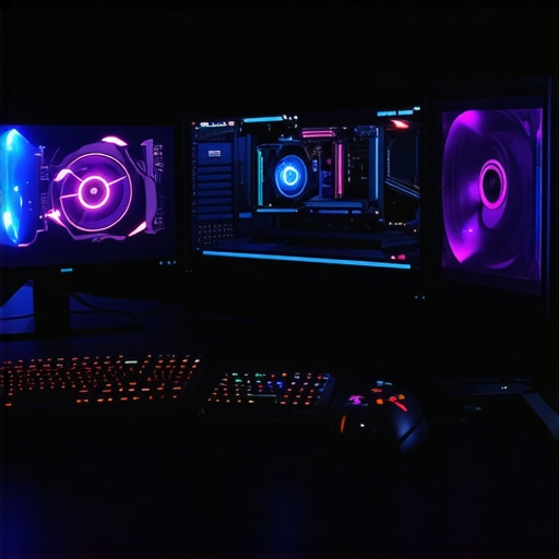 A gaming setup featuring a powerful GPU, customizable controller, and streaming gear with ambient lighting.